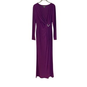 Ralph Lauren LRL Purple Maxi Evening Gown 4 Formal‎ Faux Wrap Rhinestone Brooch